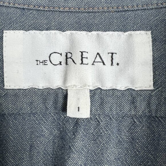 THE GREAT. chambray denim snap front blouse short roll cuff sleeves tie front - Picture 5 of 6